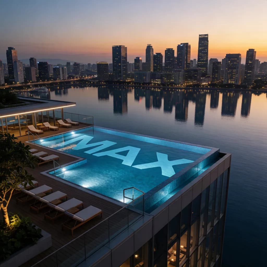 a rooftop infinity pool at night, city skyline in still water, IMAX aerial still, golden hour, huge scale, no text, no watermark, generated with Krea2 Open on Knowlify