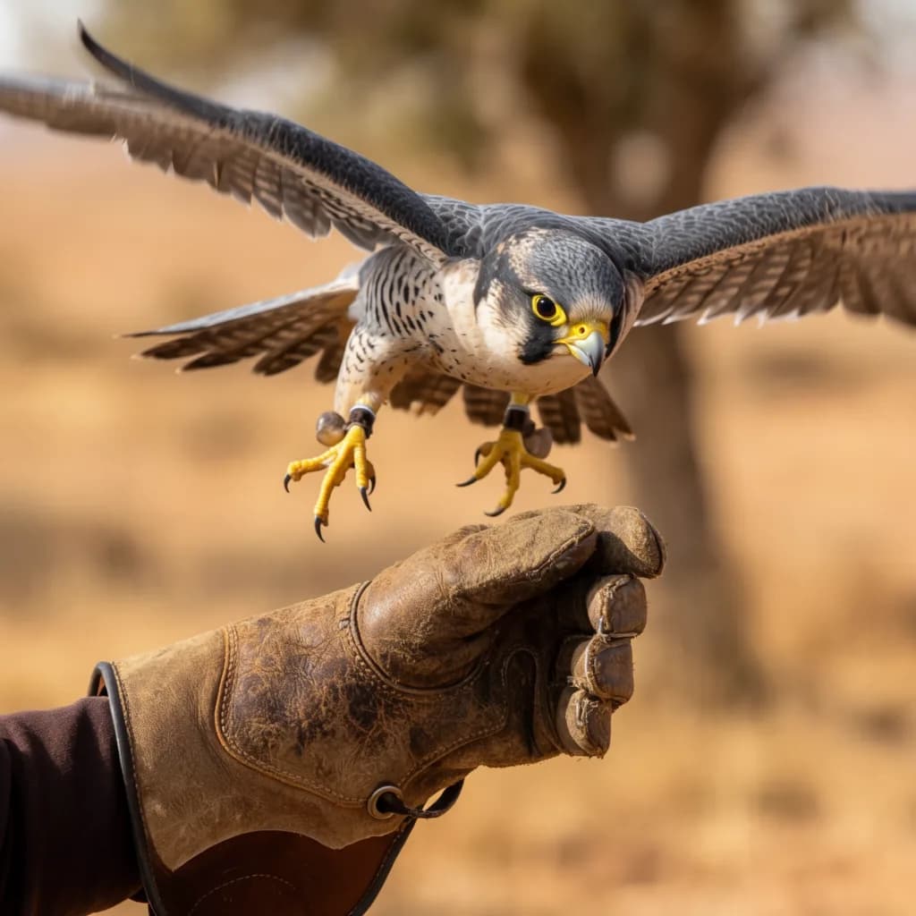 a falcon landing on a leather glove, wings wide, desert, octane 3D render, subsurface, chrome accents, no text, no watermark, generated with Krea2 on Knowlify