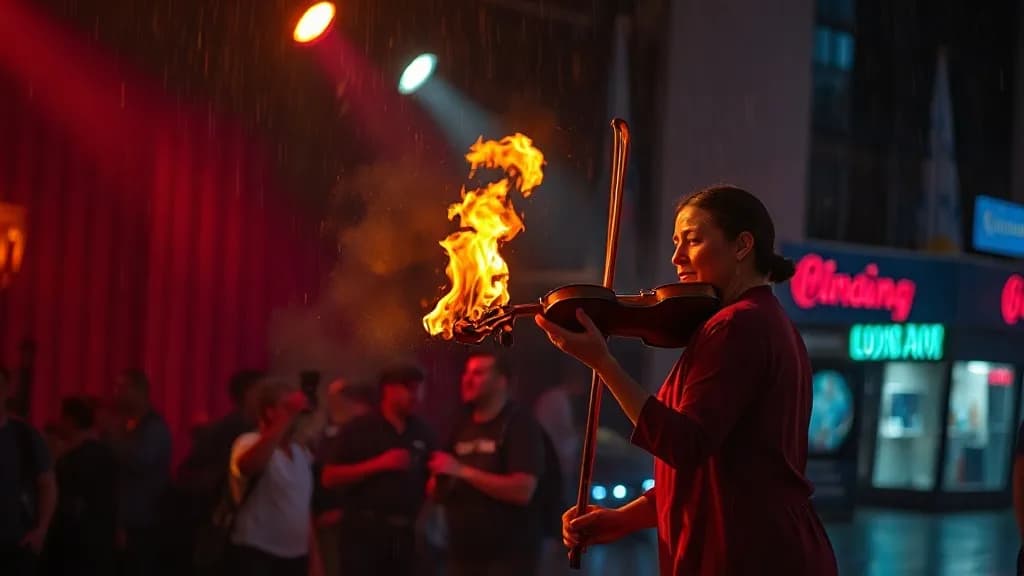 a violin on fire on a dark stage, the player unharmed, night street photography, neon, rain, grain, no text, no watermark, illustrative preview for the Leffa generator on Knowlify