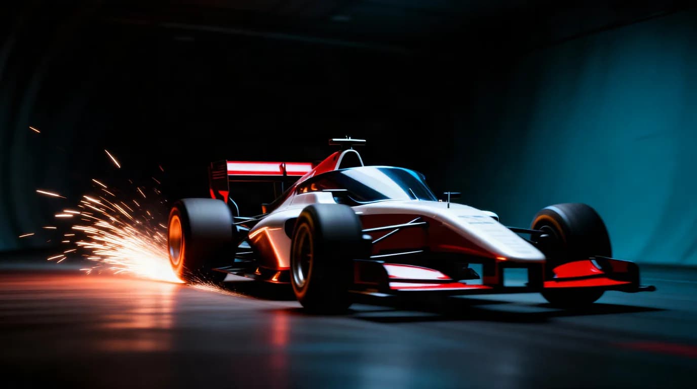 a Formula car kicking sparks through a tunnel, freeze frame, dark studio product, one hard key, glossy, no text, no watermark, generated with Longcat Image Edit on Knowlify