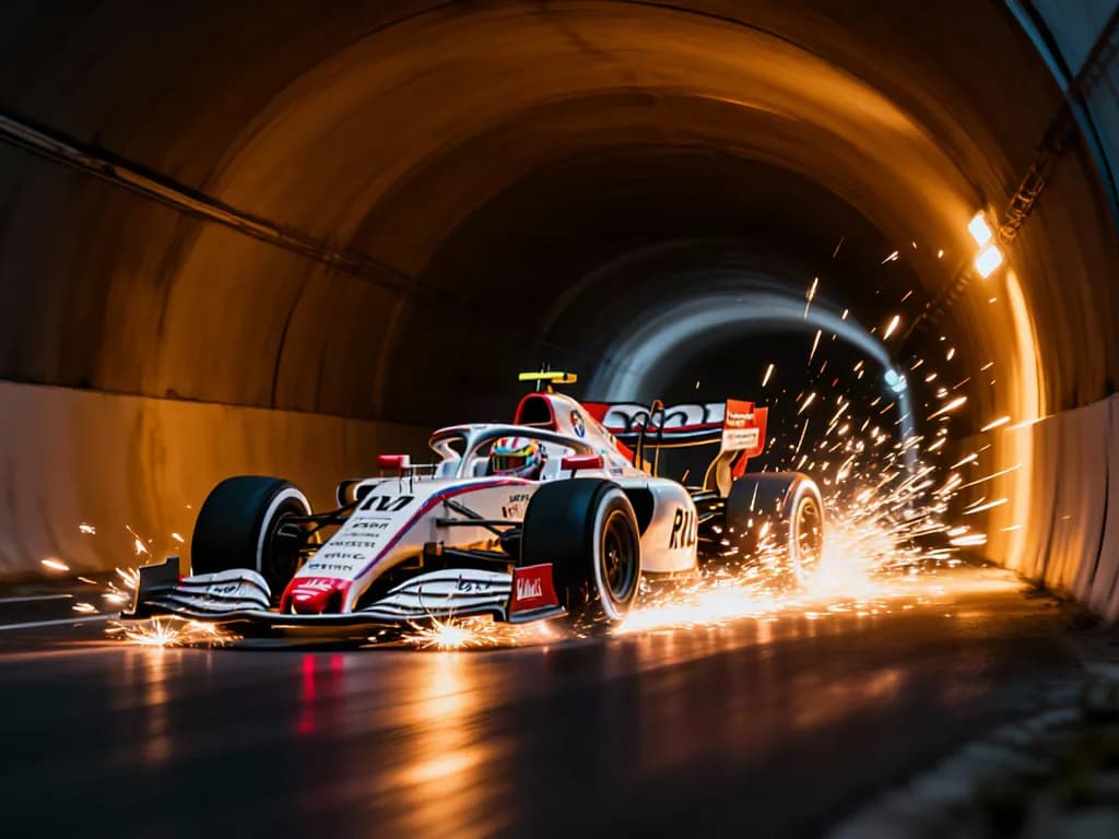 a Formula car kicking sparks through a tunnel, freeze frame, painterly concept art, volumetric light, no text, no watermark, no UI, generated with Longcat Image on Knowlify