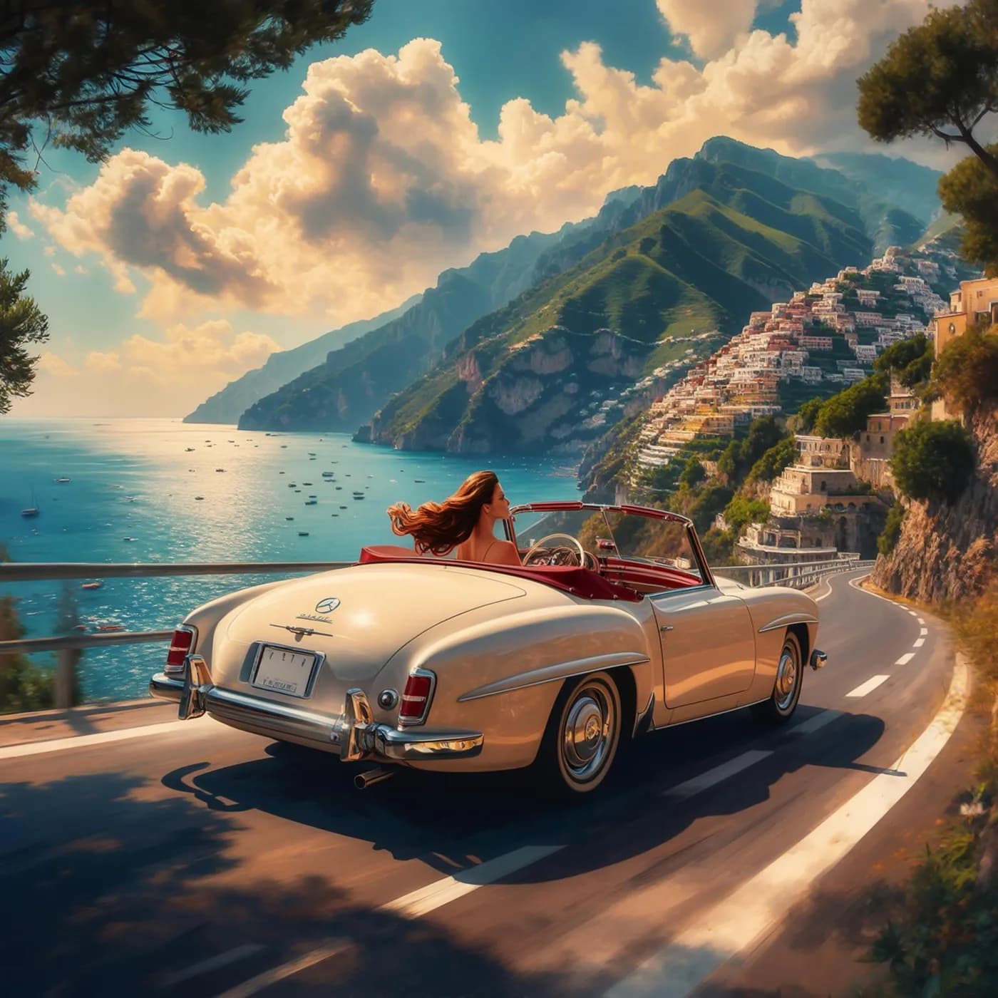 a vintage convertible on the Amalfi coast, hair in the wind, painterly concept art, volumetric light, no text, no watermark, no UI, generated with Luma Photon on Knowlify