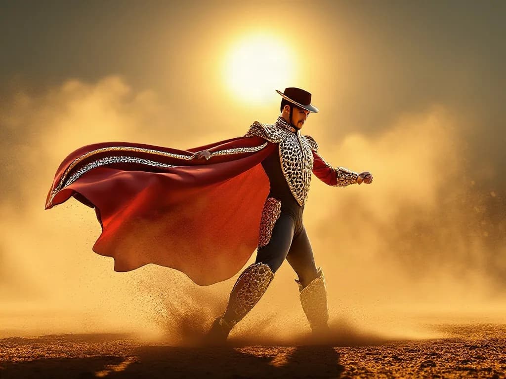 a bullfighter cape mid-sweep, dust, late sun, octane 3D render, subsurface, chrome accents, no text, no watermark, generated with Lumina Image 2 on Knowlify