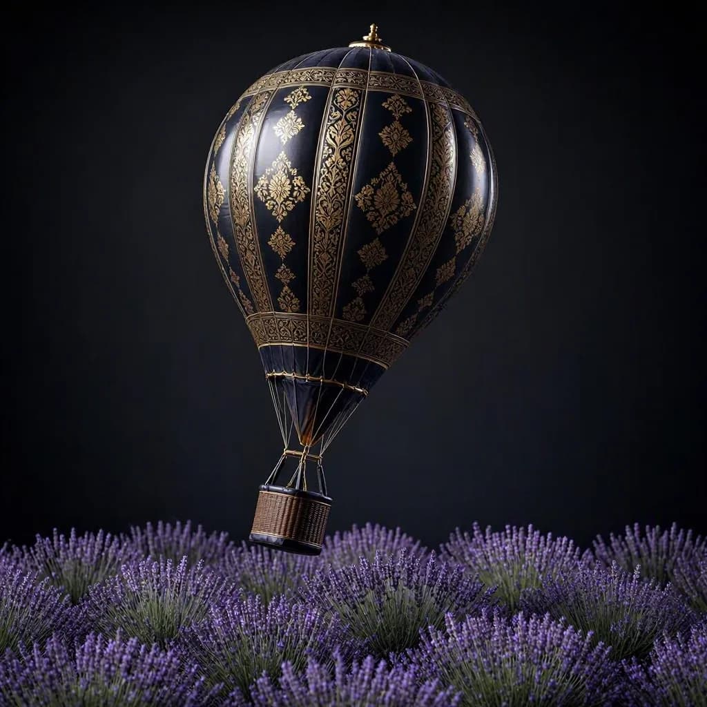 a hot air balloon just lifting from a lavender field, dark studio product, one hard key, glossy, no text, no watermark, generated with Mai Image 2.5 on Knowlify