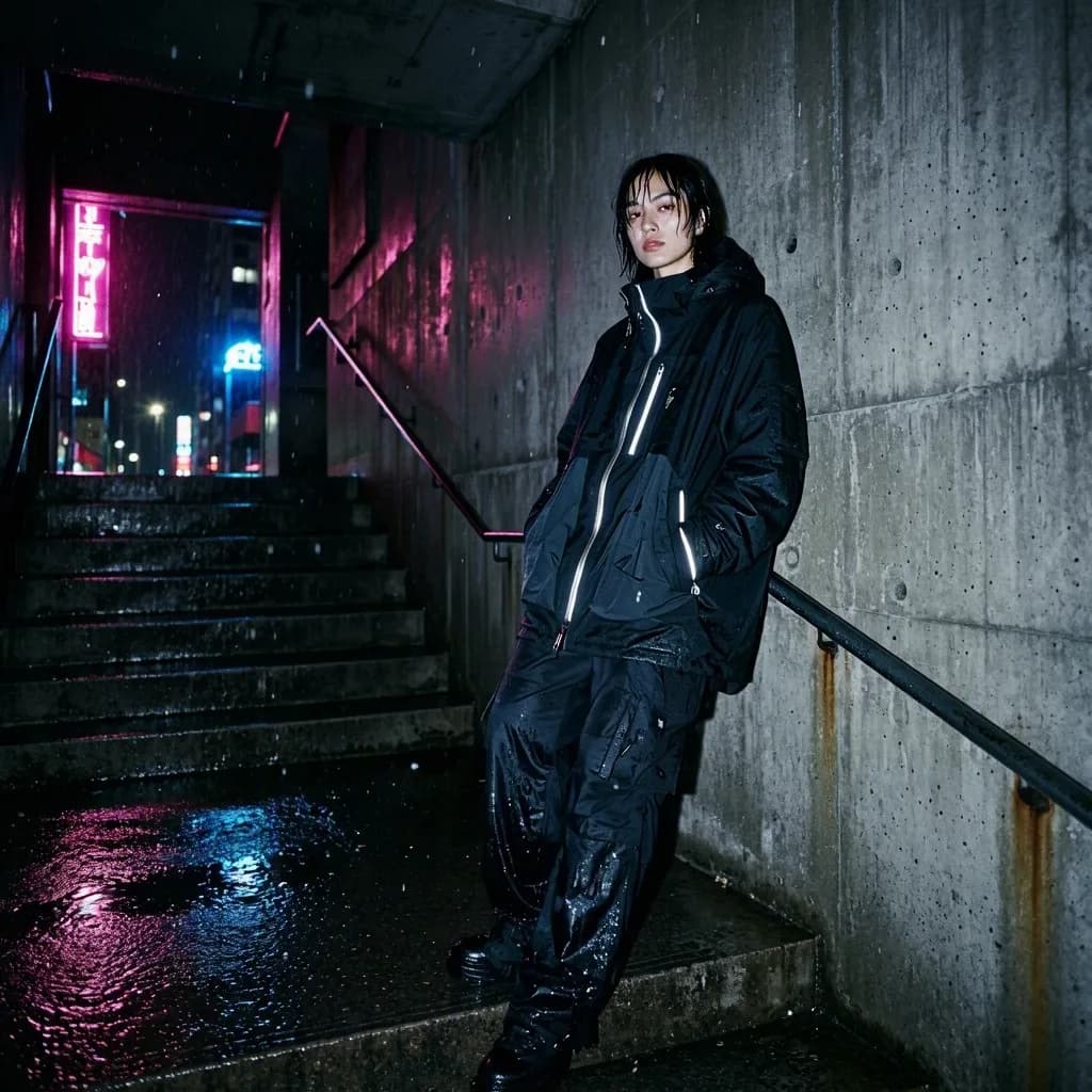 a fashion portrait in a concrete stairwell, hard flash, night street photography, neon, rain, grain, no text, no watermark, generated with Mai Image 25 on Knowlify