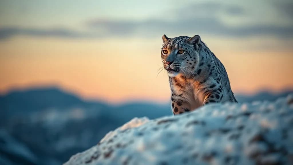 a snow leopard on a ridge at blue hour, breath visible, macro, extreme detail, f/1.4, no text, no watermark, no logo, illustrative preview for the Meshy 6 generator on Knowlify