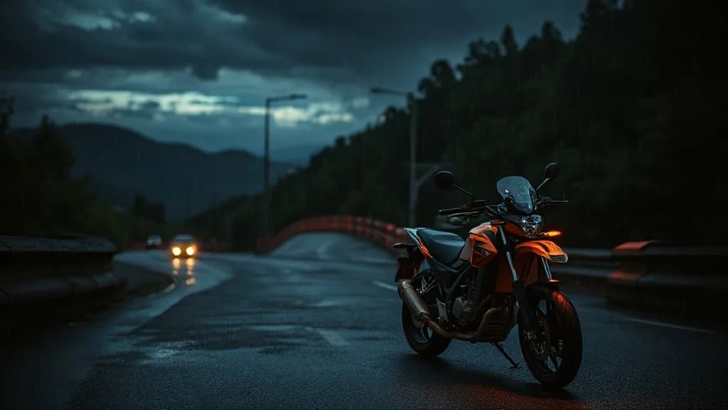 a motorcycle parked on a mountain switchback, dusk, long shadows, night street photography, neon, rain, grain, no text, no watermark, illustrative preview for the Meshy 7 generator on Knowlify