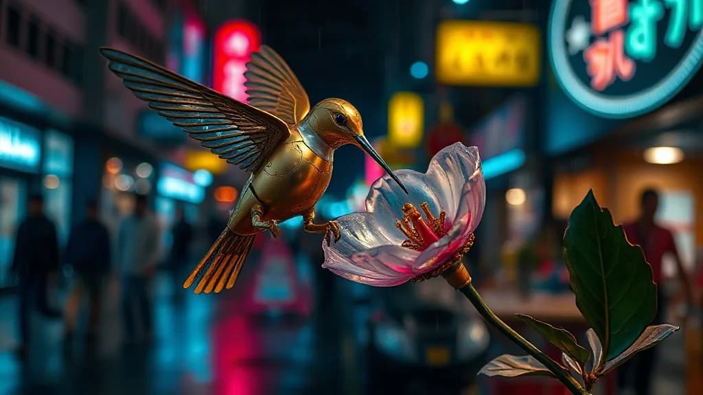 a gold mechanical hummingbird drinking from a glass flower, night street photography, neon, rain, grain, no text, no watermark, illustrative preview for the Meshy Rig generator on Knowlify