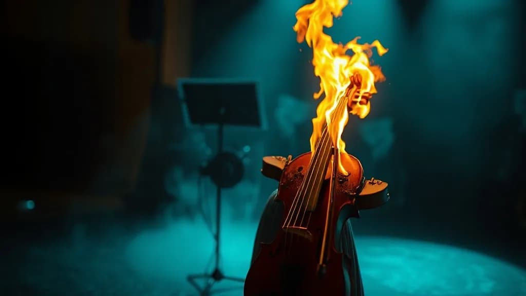 a violin on fire on a dark stage, the player unharmed, fashion film still, anamorphic, teal and gold, no text, no watermark, illustrative preview for the Meshy generator on Knowlify