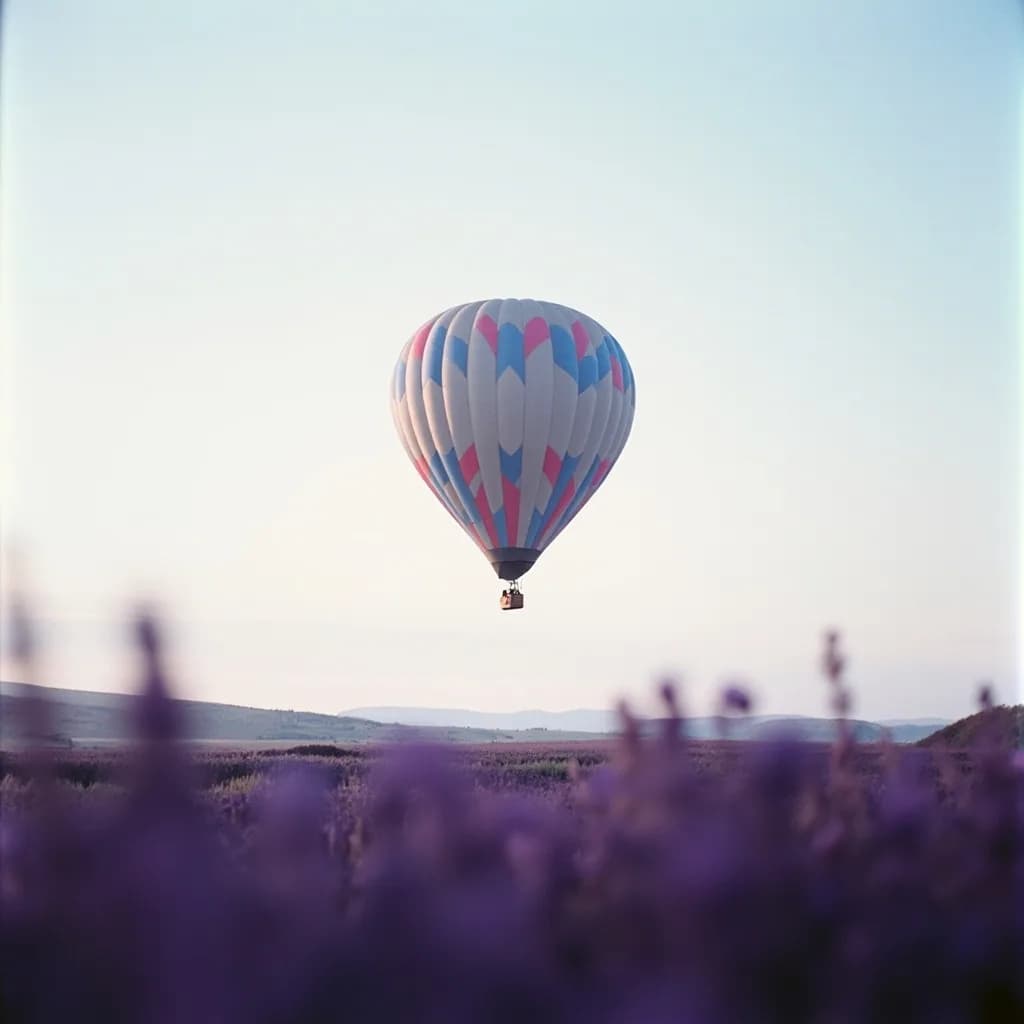 a hot air balloon just lifting from a lavender field, photoreal photograph, 85mm, natural light, no text, no watermark, no logo, no UI, generated with Minimax Image on Knowlify
