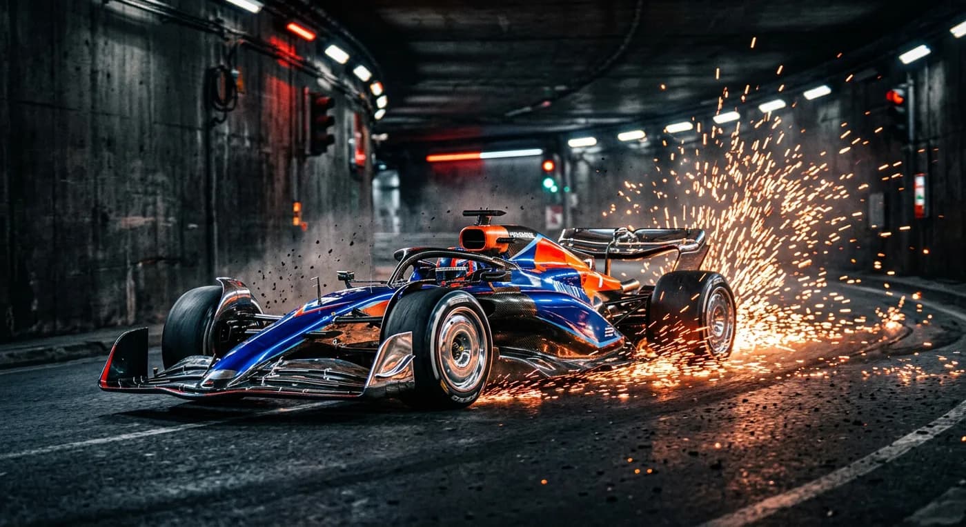 a Formula car kicking sparks through a tunnel, freeze frame, octane 3D render, subsurface, chrome accents, no text, no watermark, generated with Nano Banana 2 on Knowlify