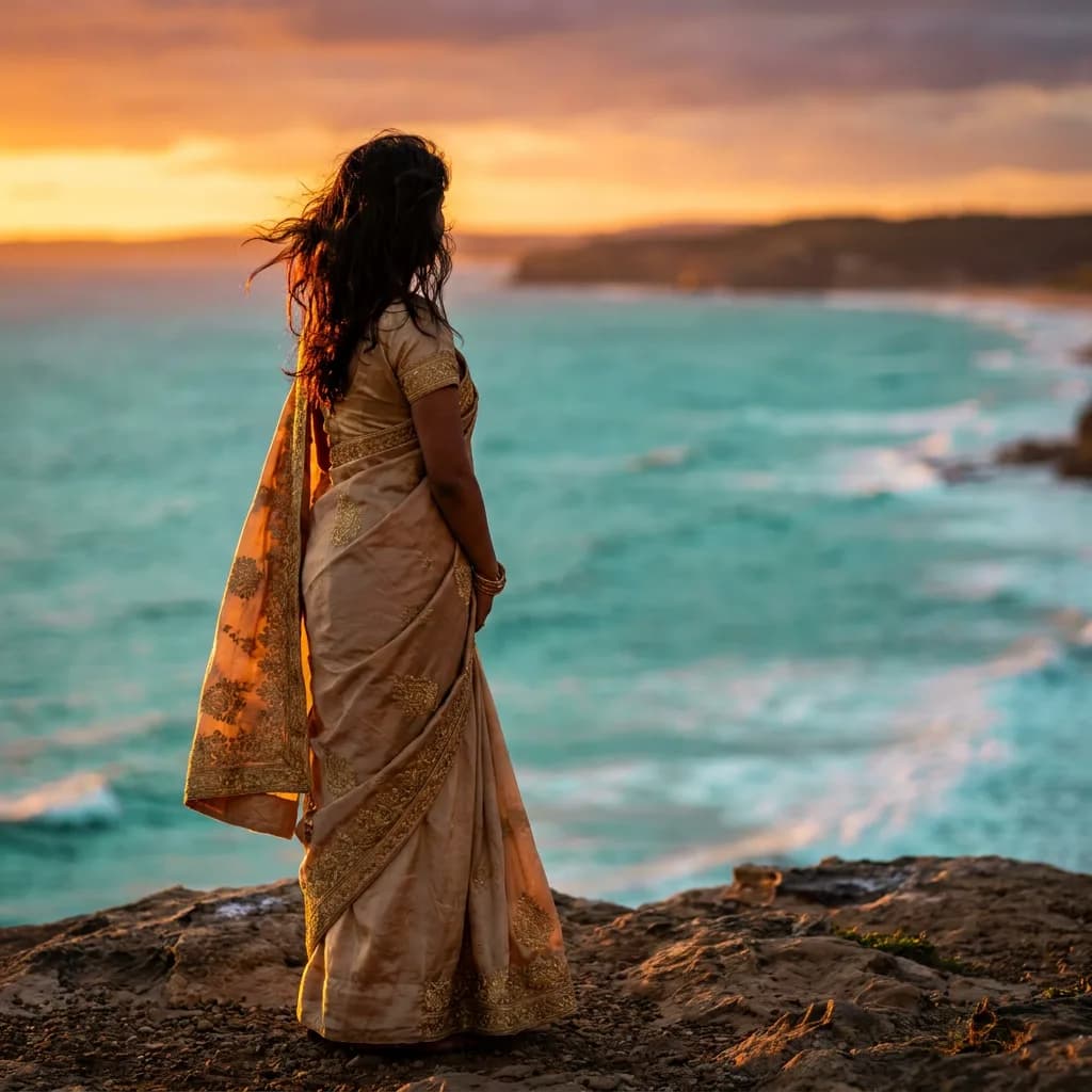 photoreal photograph of a woman in a gold embroidered sari on a cliff above a turquoise sea at sunset, wind in her hair, 85mm, rim light, no text, generated with Nano Banana Pro on Knowlify