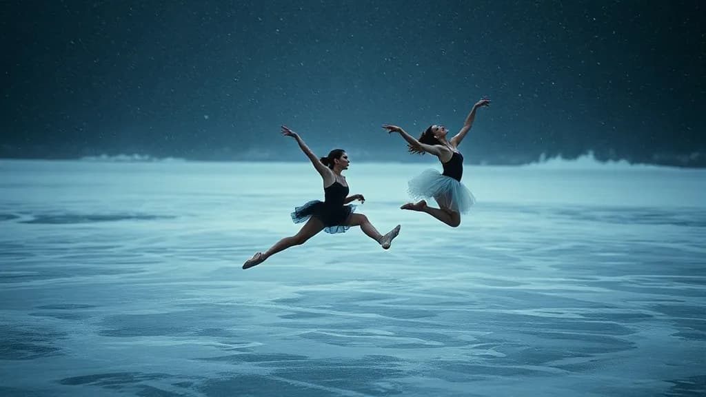 a ballet company frozen mid-jump, black box theater, National Geographic still, low angle, weather, no text, no watermark, illustrative preview for the Nano Banana generator on Knowlify