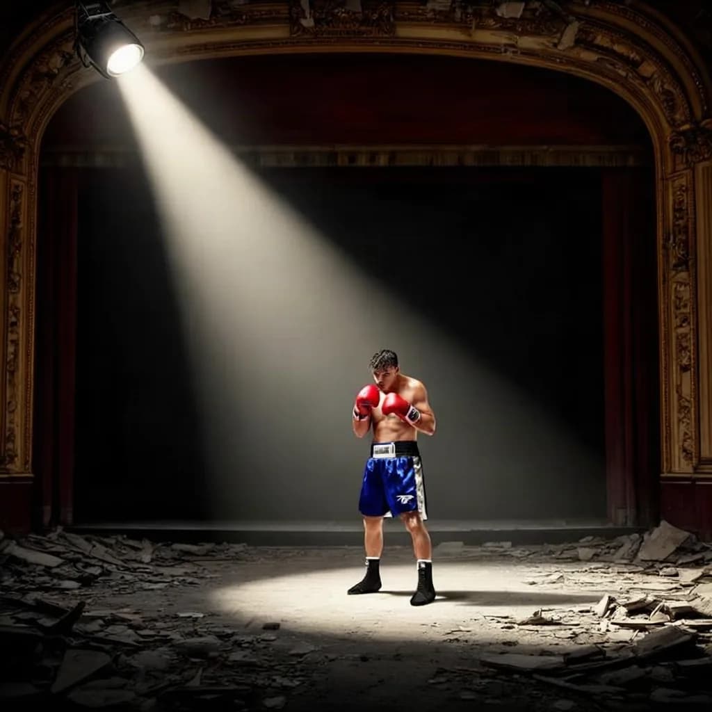 a boxer in a ruined theater, one spotlight, sweat, IMAX aerial still, golden hour, huge scale, no text, no watermark, generated with Nucleus Image on Knowlify
