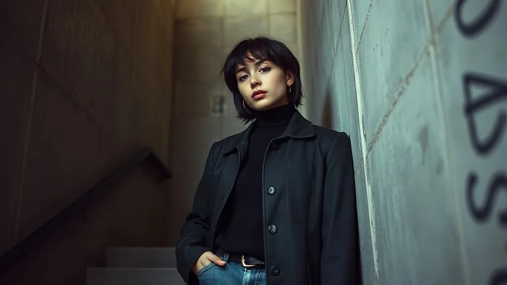 a fashion portrait in a concrete stairwell, hard flash, hard-flash editorial, Kodak portra, sharp, no text, no watermark, no logo, illustrative preview for the Object Removal generator on Knowlify