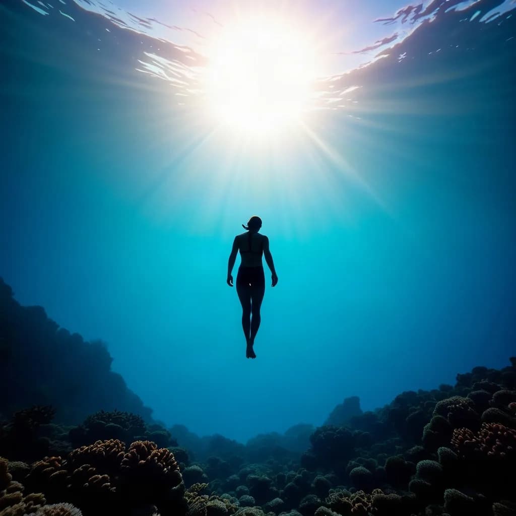 a coral reef seen from below, a swimmer silhouette against the sun, dark studio product, one hard key, glossy, no text, no watermark, generated with Omnigen 1 on Knowlify