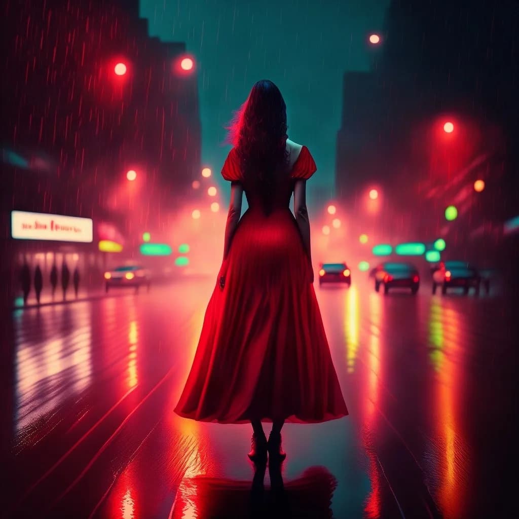 a woman in a crimson silk dress standing in city rain at night, neon on wet pavement, IMAX aerial still, golden hour, huge scale, no text, no watermark, generated with Omnigen 2 on Knowlify