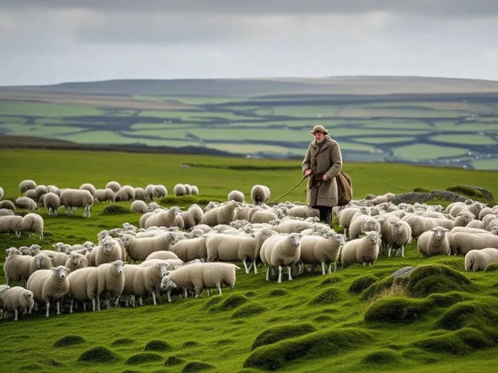 a shepherd and a thousand sheep on a green cliff, Ireland, photoreal photograph, 85mm, natural light, no text, no watermark, no logo, no UI, generated with Ovis Image on Knowlify