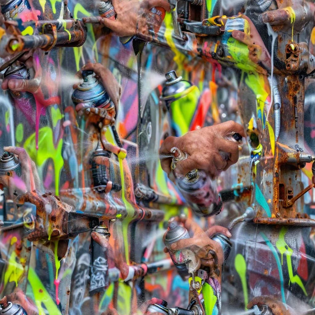 a graffiti writer mid-piece on a moving freight car, macro, extreme detail, f/1.4, no text, no watermark, no logo, generated with Patina on Knowlify