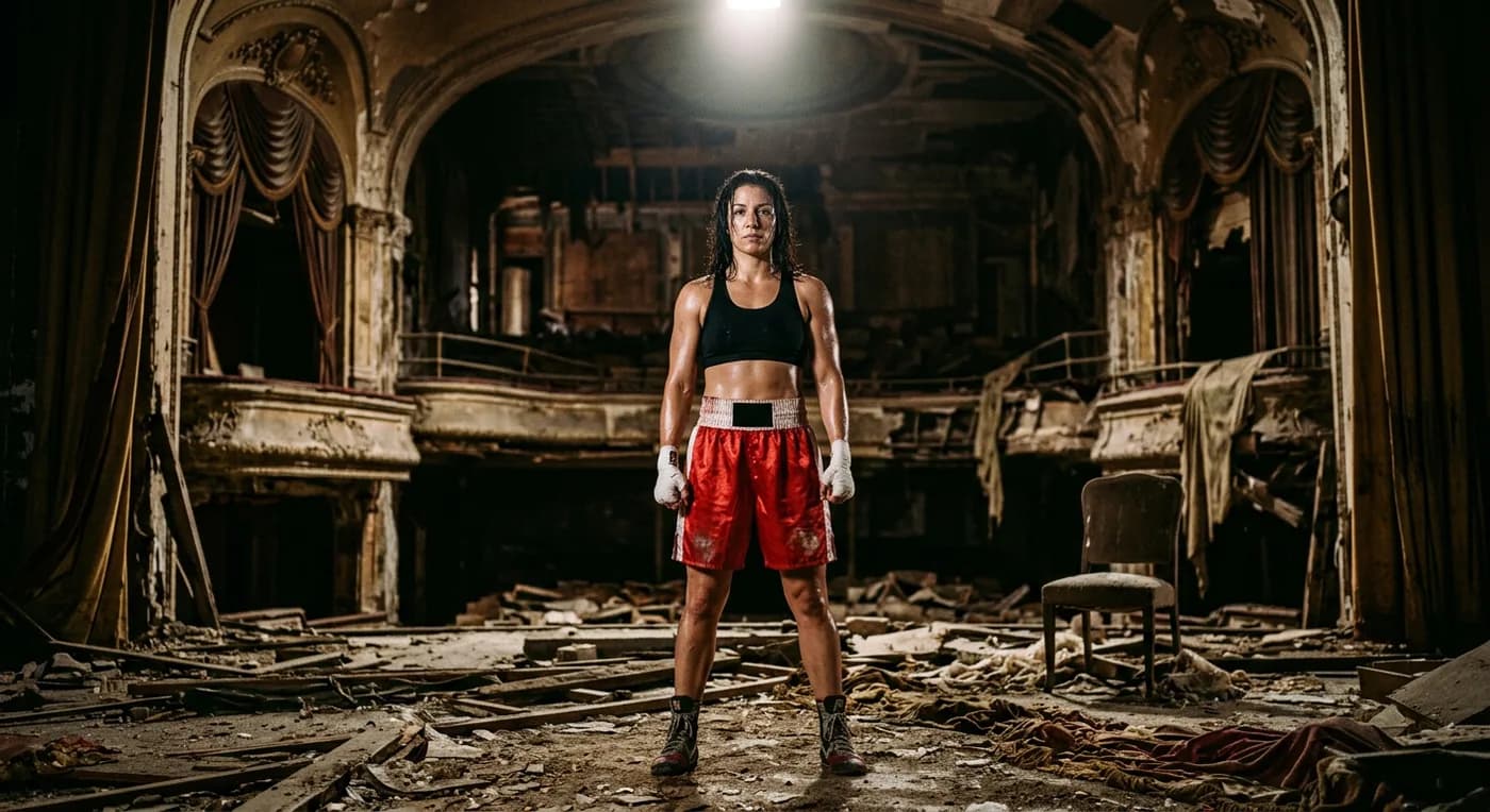 a boxer in a ruined theater, one spotlight, sweat, hard-flash editorial, Kodak portra, sharp, no text, no watermark, no logo, generated with Phota on Knowlify