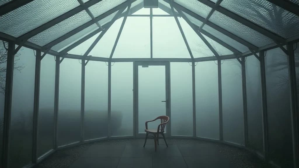 a glasshouse filled with fog and one red chair, photoreal photograph, 85mm, natural light, no text, no watermark, no logo, no UI, illustrative preview for the Pixal3d generator on Knowlify