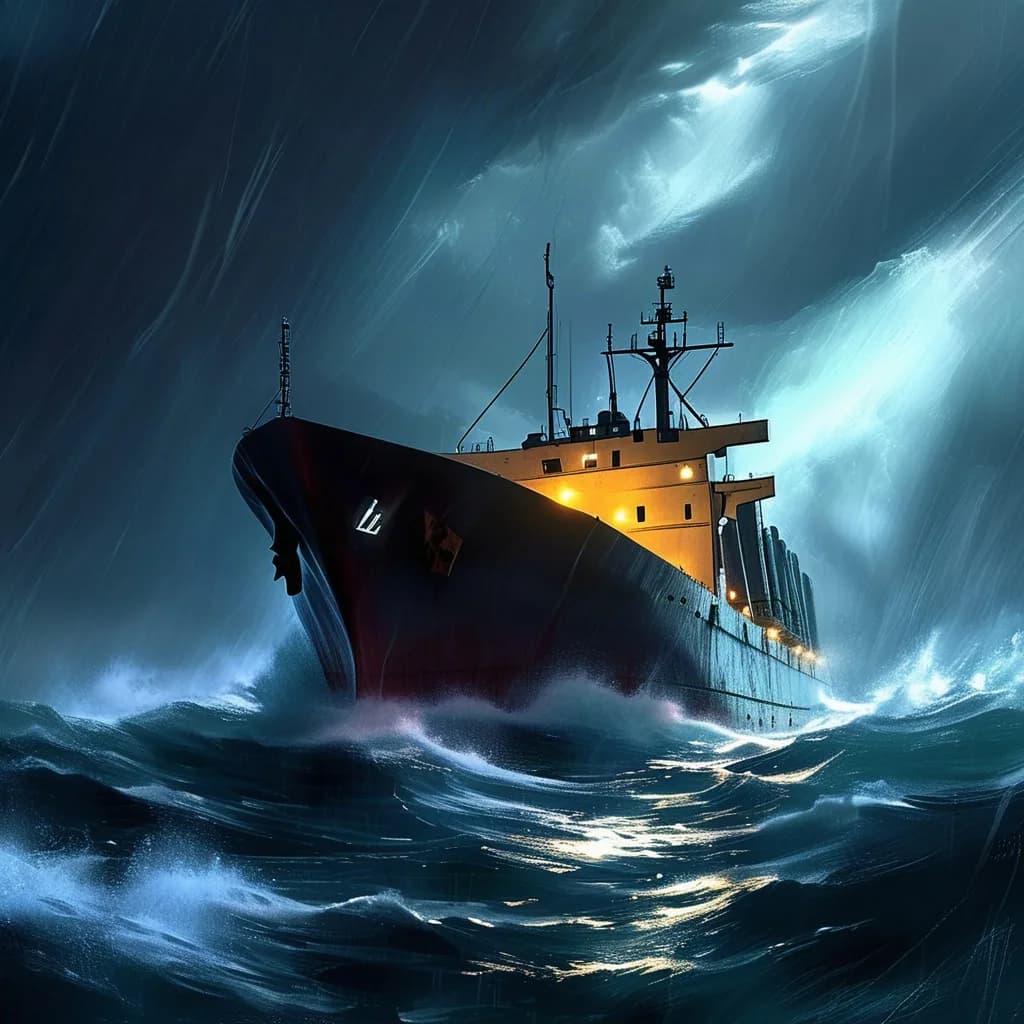 a cargo ship in a huge storm, a single deck light, painterly concept art, volumetric light, no text, no watermark, no UI, generated with Pixart Sigma on Knowlify
