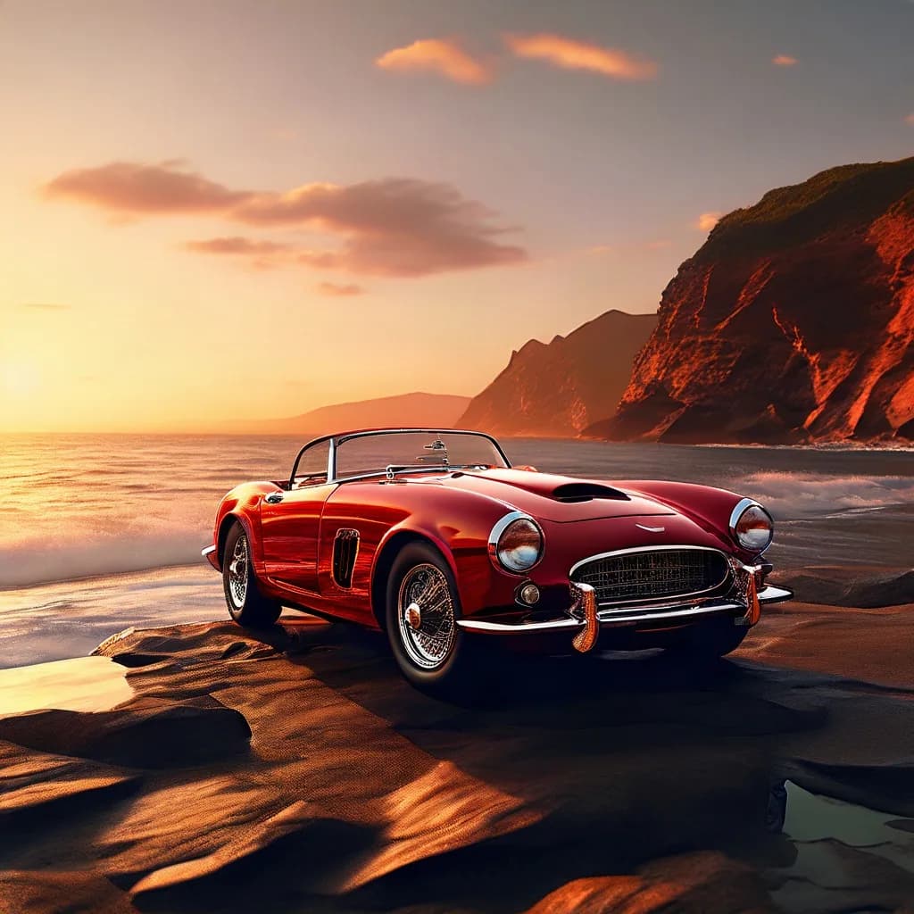 a vintage red sports car on a coastal cliff at golden hour, ocean spray, octane 3D render, subsurface, chrome accents, no text, no watermark, generated with Playground 25 on Knowlify
