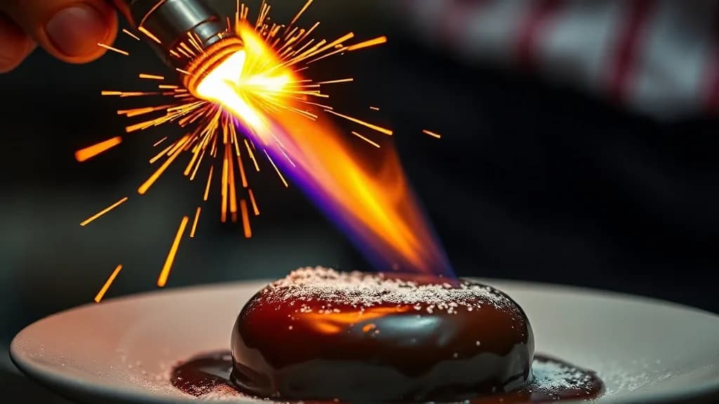 a chef torching a dark chocolate dessert, sparks, rim light, macro, extreme detail, f/1.4, no text, no watermark, no logo, illustrative preview for the Pulid generator on Knowlify