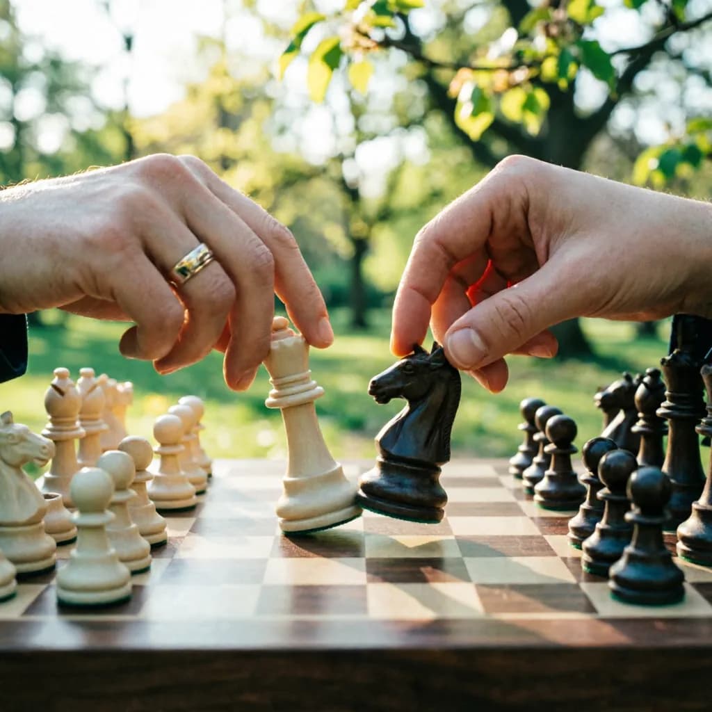 a chess game in a park, only the hands and the last move, fashion film still, anamorphic, teal and gold, no text, no watermark, generated with Qwen Image 2 on Knowlify