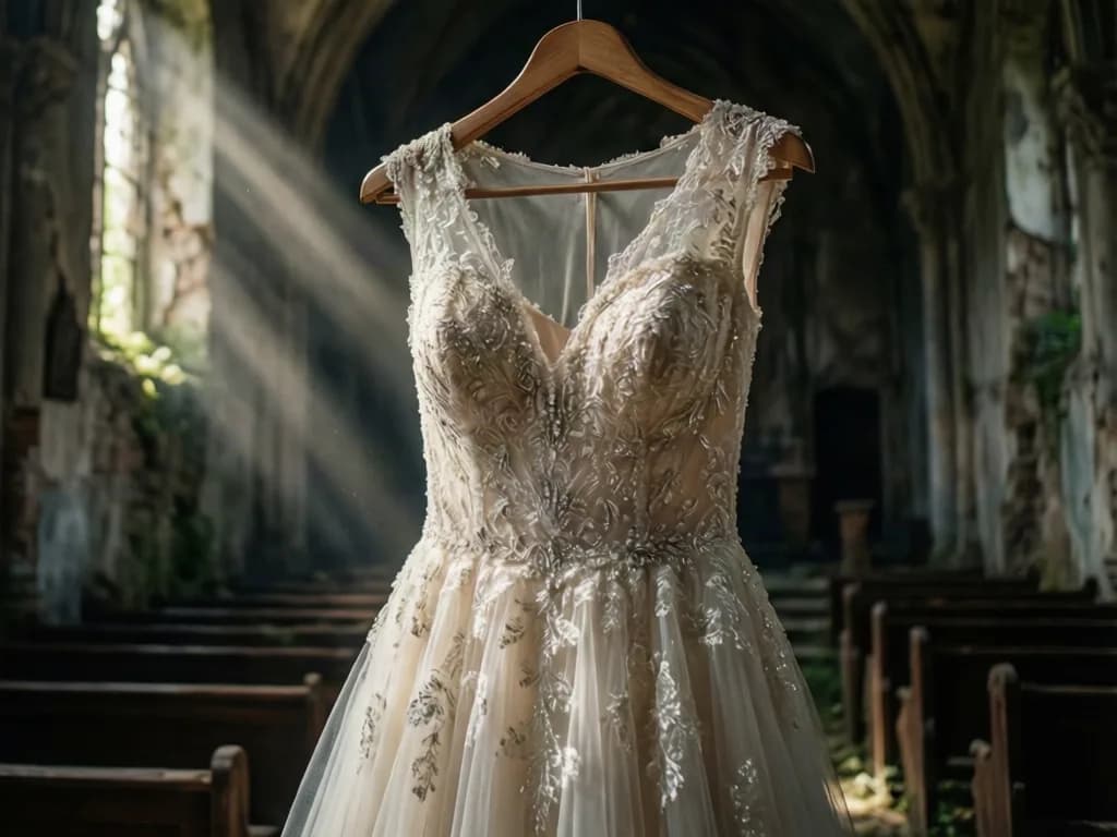 a wedding dress hanging in a ruined chapel, one shaft of light, macro, extreme detail, f/1.4, no text, no watermark, no logo, generated with Qwen Image 2512 Lora on Knowlify