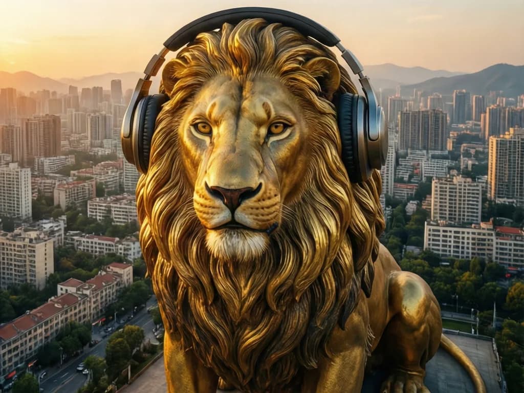 a gold lion statue wearing headphones, product-absurd still, IMAX aerial still, golden hour, huge scale, no text, no watermark, generated with Qwen Image 2512 on Knowlify