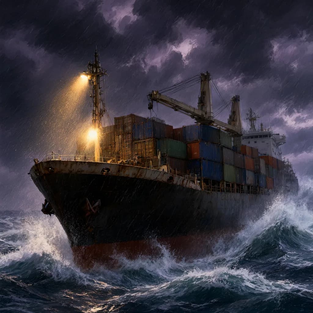 a cargo ship in a huge storm, a single deck light, painterly concept art, volumetric light, no text, no watermark, no UI, generated with Qwen Image 3 on Knowlify