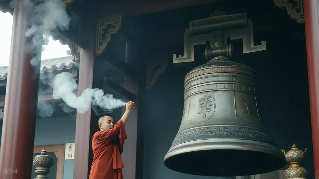 a monk ringing a giant bronze bell, incense smoke, photoreal photograph, 85mm, natural light, no text, no watermark, no logo, no UI, illustrative preview for the Qwen Image Edit 2509 Lora Gallery generator on Knowlify