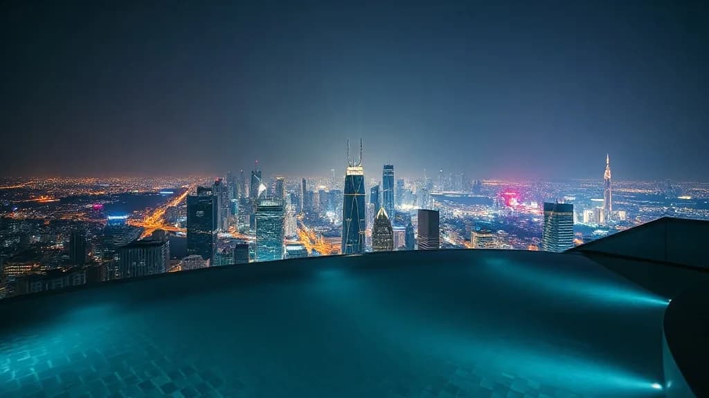 a rooftop infinity pool at night, city skyline in still water, hard-flash editorial, Kodak portra, sharp, no text, no watermark, no logo, illustrative preview for the Qwen Image Edit 2509 Lora generator on Knowlify
