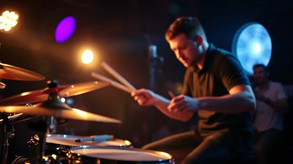 a drummer mid-hit, sticks blurred, sweat, club light, dark studio product, one hard key, glossy, no text, no watermark, illustrative preview for the Qwen Image Edit 2509 generator on Knowlify