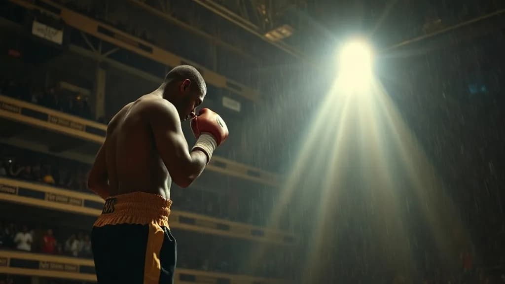 a boxer in a ruined theater, one spotlight, sweat, National Geographic still, low angle, weather, no text, no watermark, illustrative preview for the Qwen Image Edit 2511 Lora generator on Knowlify