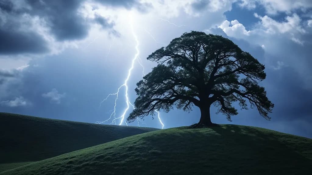 a lightning strike behind a lone oak on a hill, octane 3D render, subsurface, chrome accents, no text, no watermark, illustrative preview for the Qwen Image Edit 2511 generator on Knowlify