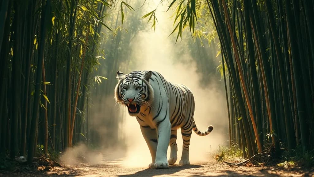 a white tiger walking through sunlit bamboo, dust in the air, low camera, fashion film still, anamorphic, teal and gold, no text, no watermark, illustrative preview for the Qwen Image Edit Inpaint generator on Knowlify