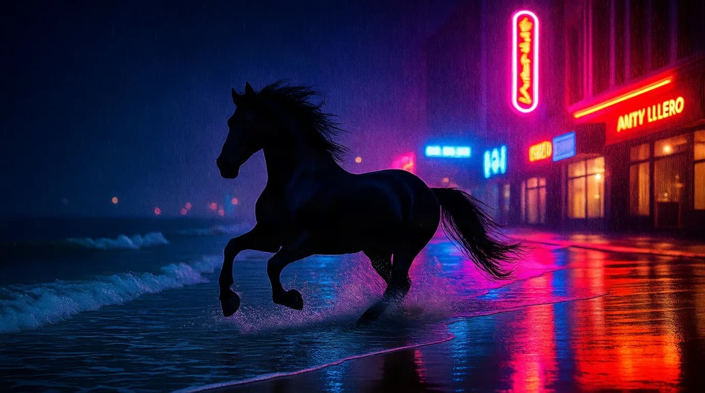 a black horse running through shallow surf at dawn, long lens, night street photography, neon, rain, grain, no text, no watermark, generated with Qwen Image Edit Lora on Knowlify