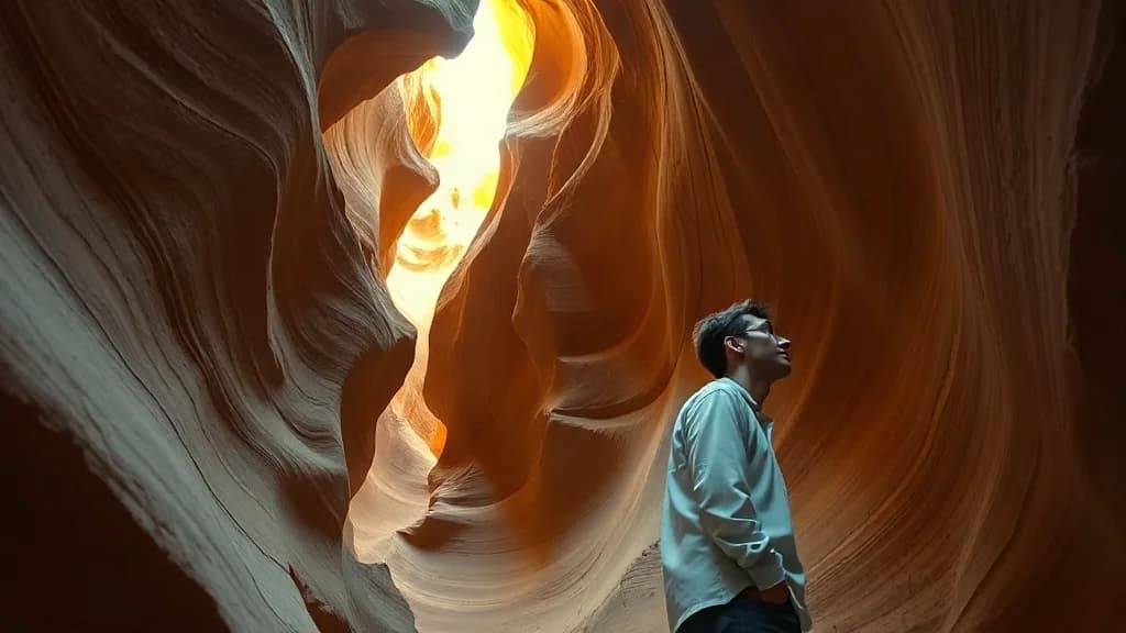 a canyon slot with a person looking up, sandstone glow, fashion film still, anamorphic, teal and gold, no text, no watermark, illustrative preview for the Qwen Image Edit Plus Lora Gallery generator on Knowlify