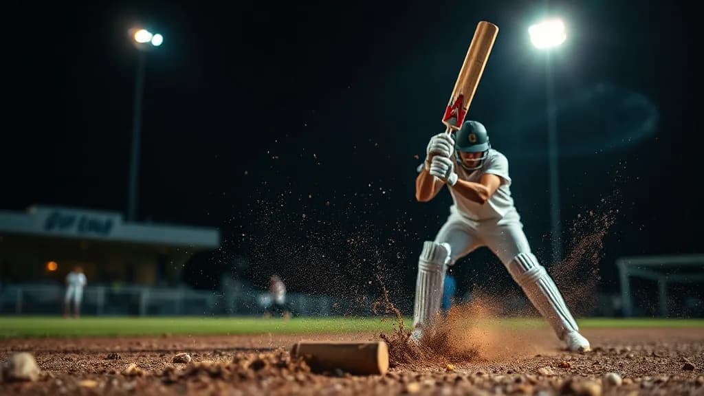 a cricket batter mid-shot under floodlights, dirt exploding, macro, extreme detail, f/1.4, no text, no watermark, no logo, illustrative preview for the Qwen Image Edit Plus Lora generator on Knowlify
