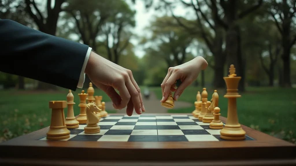 a chess game in a park, only the hands and the last move, fashion film still, anamorphic, teal and gold, no text, no watermark, illustrative preview for the Qwen Image Edit Plus generator on Knowlify