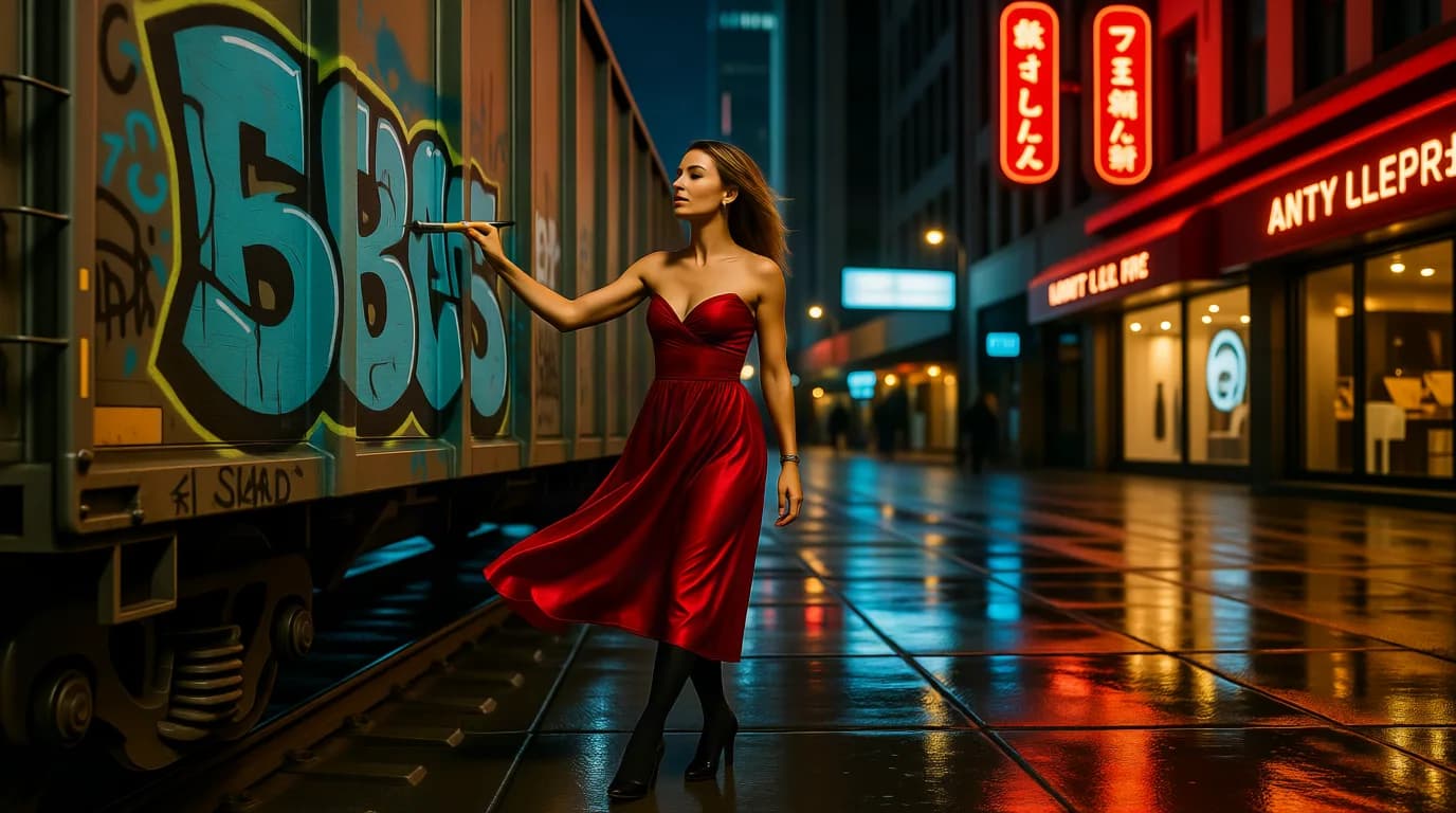 a graffiti writer mid-piece on a moving freight car, hard-flash editorial, Kodak portra, sharp, no text, no watermark, no logo, generated with Qwen Image Edit on Knowlify