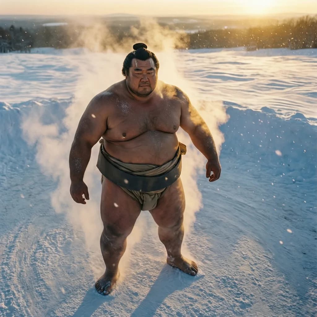 a sumo wrestler standing in falling snow, steam off the skin, IMAX aerial still, golden hour, huge scale, no text, no watermark, generated with Qwen Image Max on Knowlify
