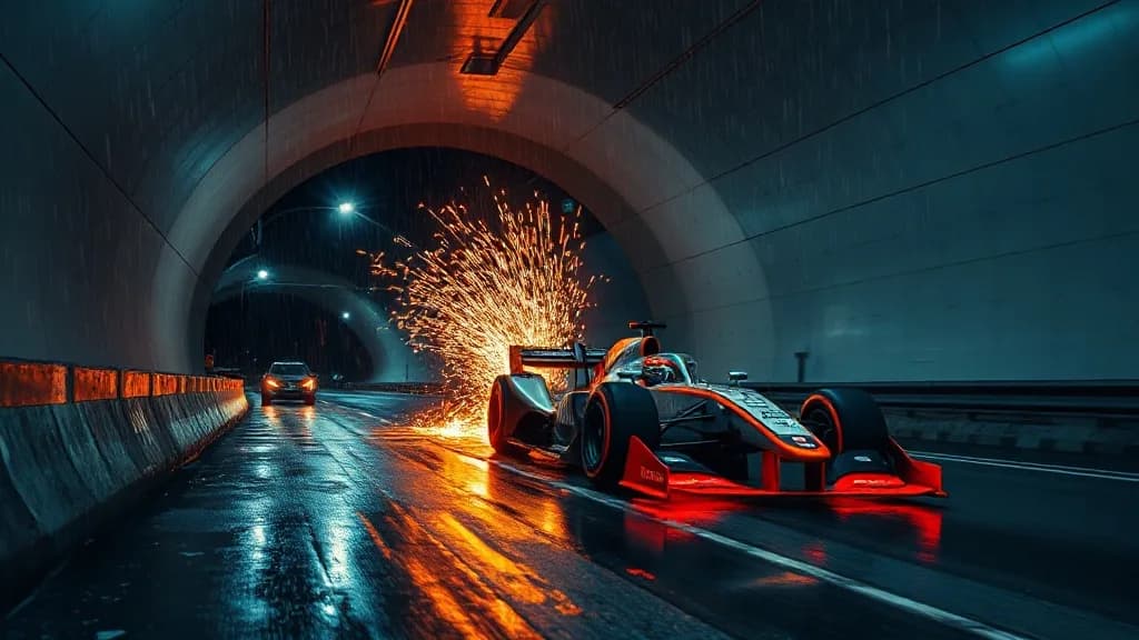 a Formula car kicking sparks through a tunnel, freeze frame, night street photography, neon, rain, grain, no text, no watermark, illustrative preview for the Reconviagen 0.5 generator on Knowlify