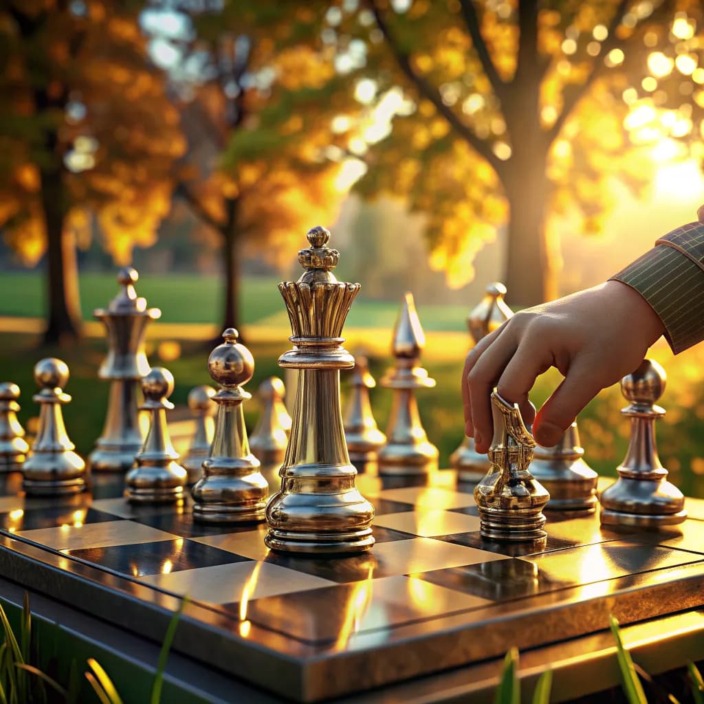 a chess game in a park, only the hands and the last move, octane 3D render, subsurface, chrome accents, no text, no watermark, generated with Recraft 20b on Knowlify