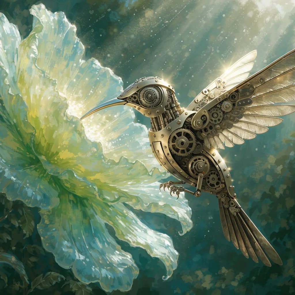 a gold mechanical hummingbird drinking from a glass flower, painterly concept art, volumetric light, no text, no watermark, no UI, generated with Recraft 4 1 on Knowlify