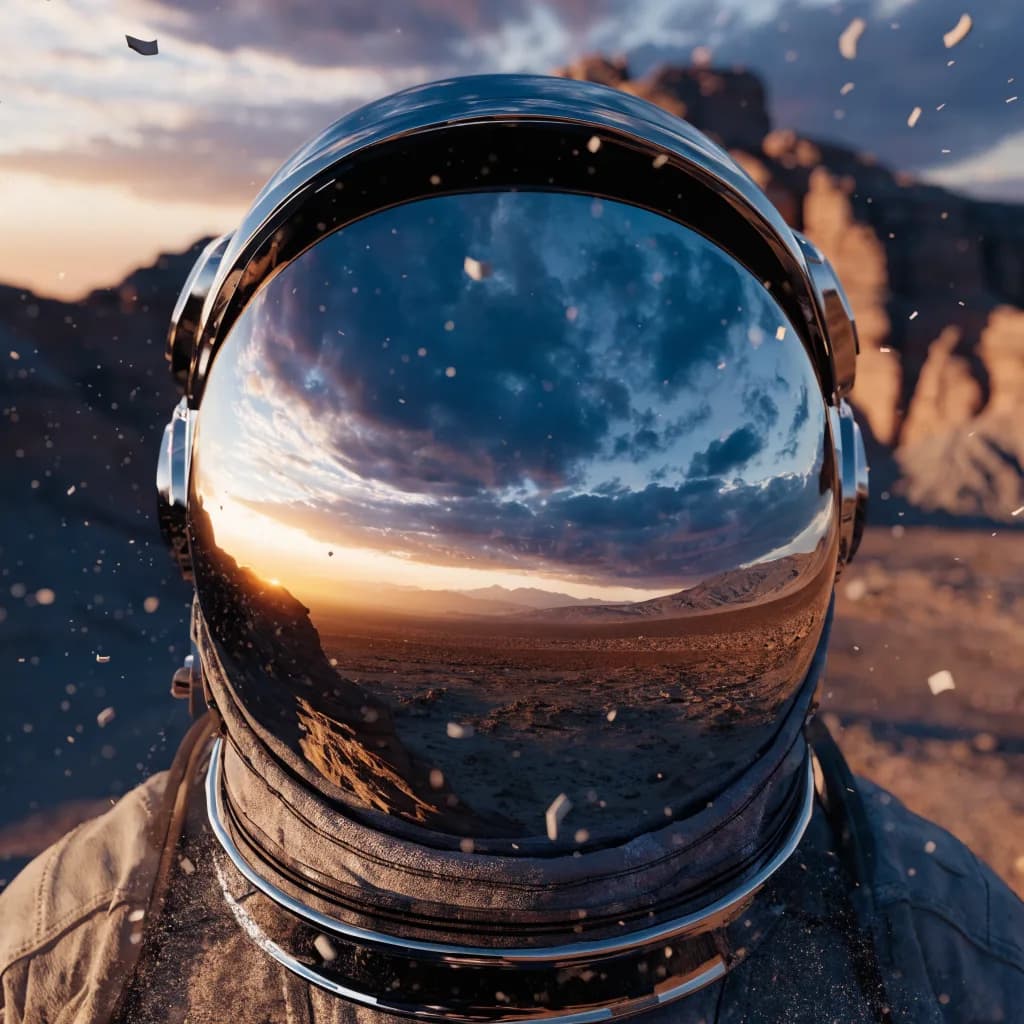 an astronaut visor reflecting a desert sunset, close-up, dust motes, octane 3D render, subsurface, chrome accents, no text, no watermark, generated with Recraft 4 on Knowlify