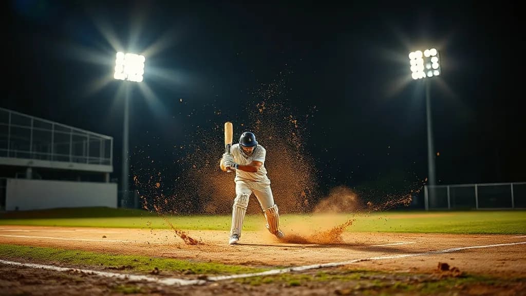 a cricket batter mid-shot under floodlights, dirt exploding, photoreal photograph, 85mm, natural light, no text, no watermark, no logo, no UI, illustrative preview for the BiRefNet Background Remover generator on Knowlify