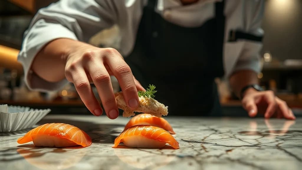 a sushi omakase counter, the chef placing one piece, overhead, macro, extreme detail, f/1.4, no text, no watermark, no logo, illustrative preview for the Rodin 2.5 generator on Knowlify